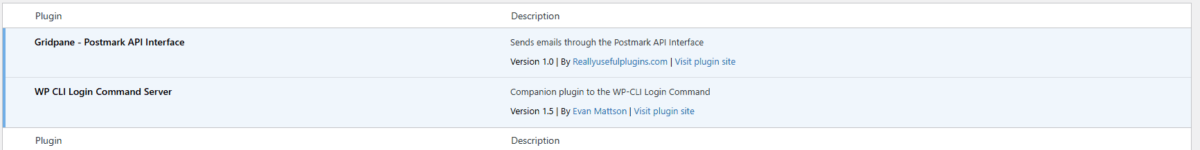Table listing plugins: Gridpane - Postmark API Interface and WP CLI Login Command Server with descriptions and versions.