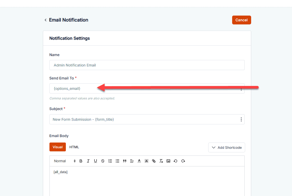 Email notification settings screen with fields for name, email, subject, and email body template.