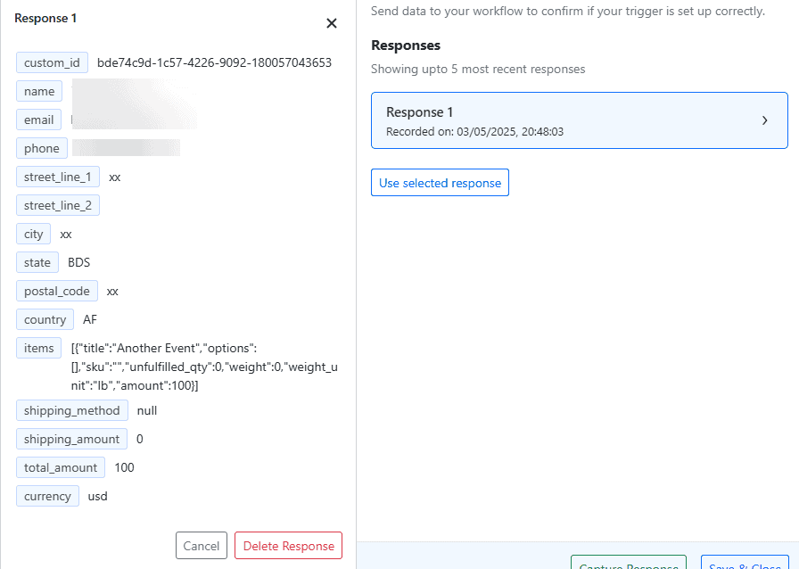 Interface capturing shipping details with fields like name, email, address, and order specifics.