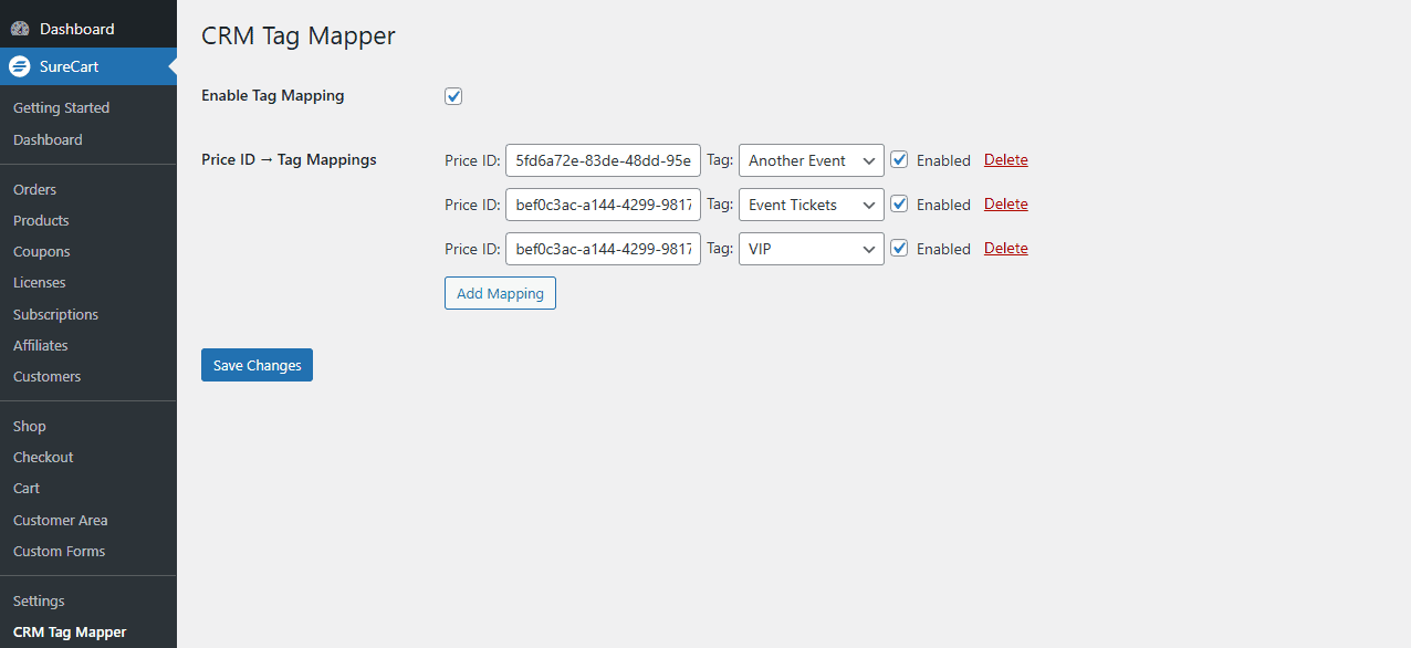 Crm tag manager admin screen