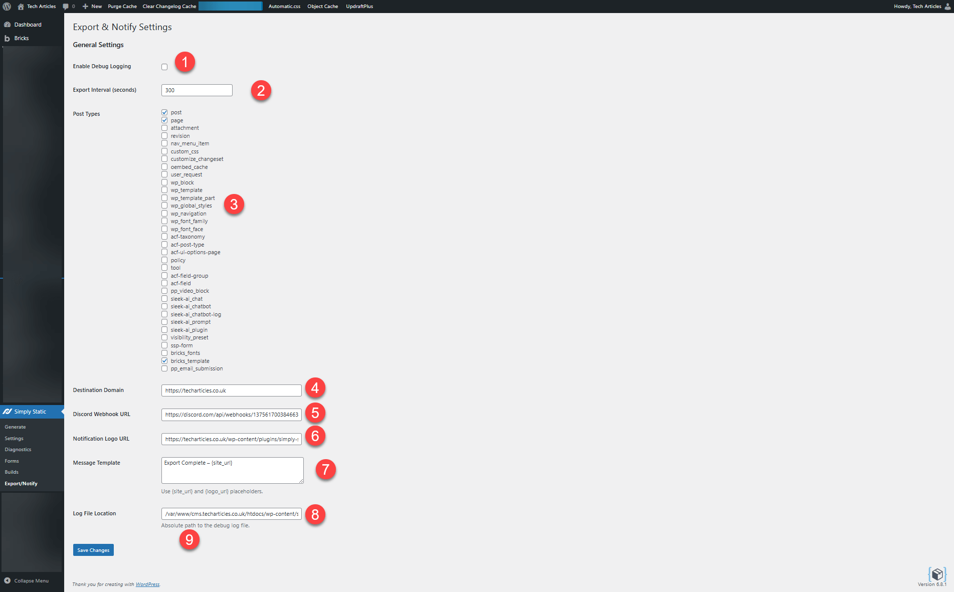 Simply static export and notify admin page