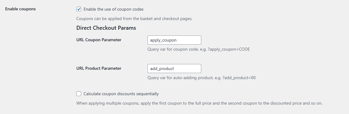 Woo coupon direct checkout params settings