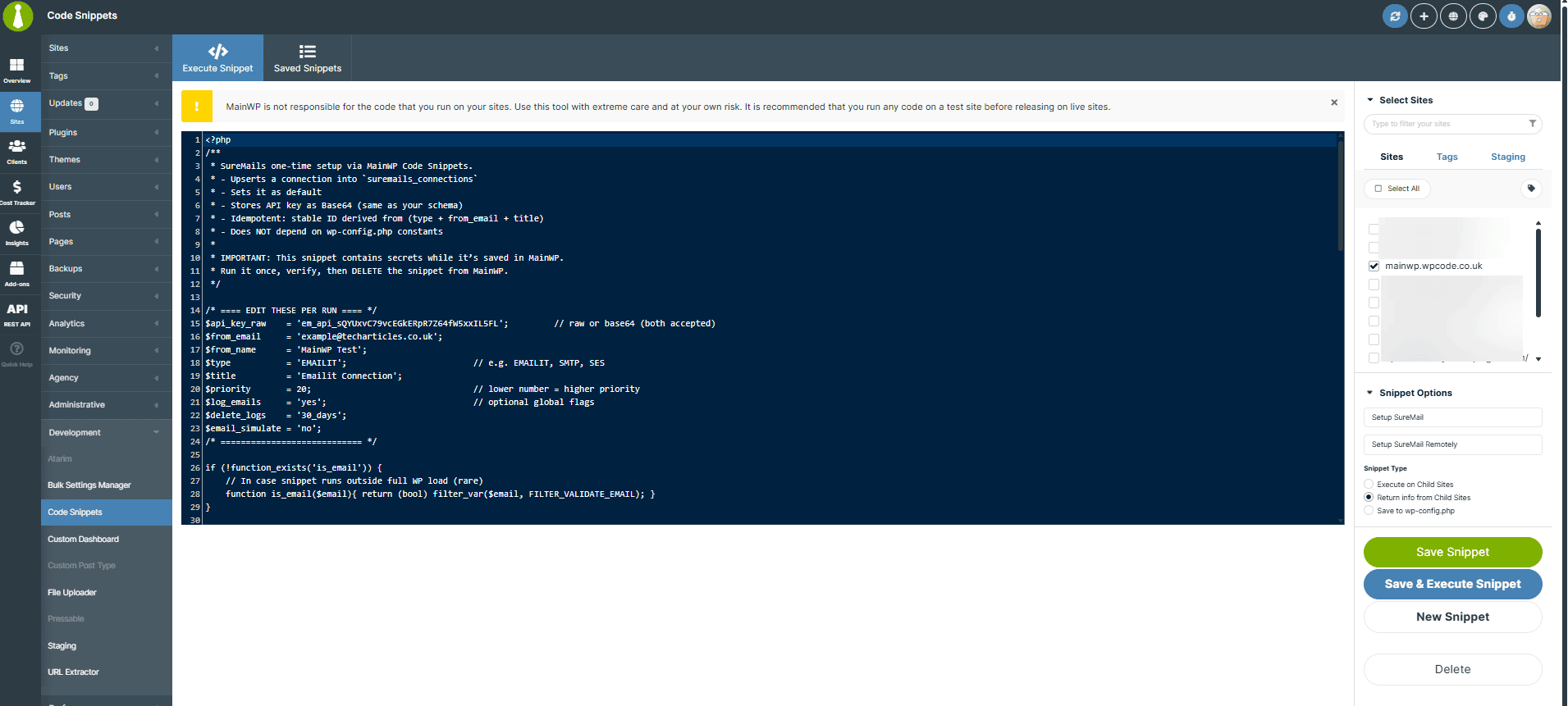 Mainwp suremail snippet run