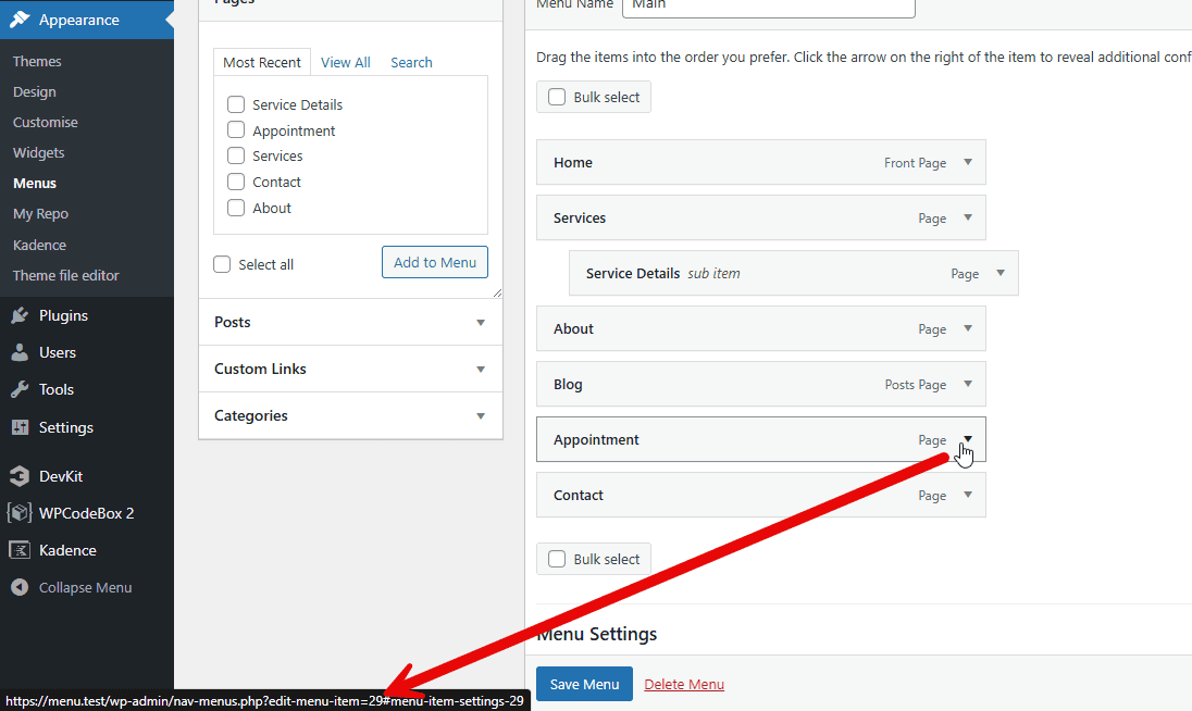 target our menu item backend