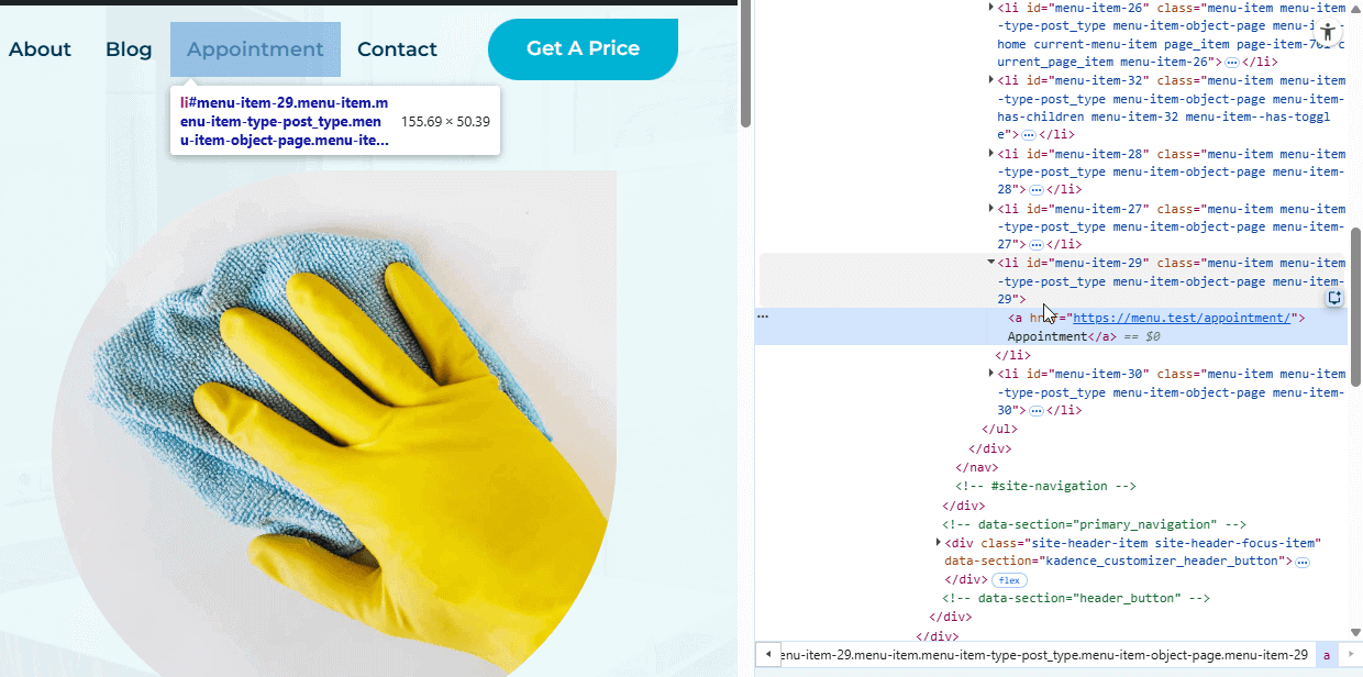 target our menu item front end