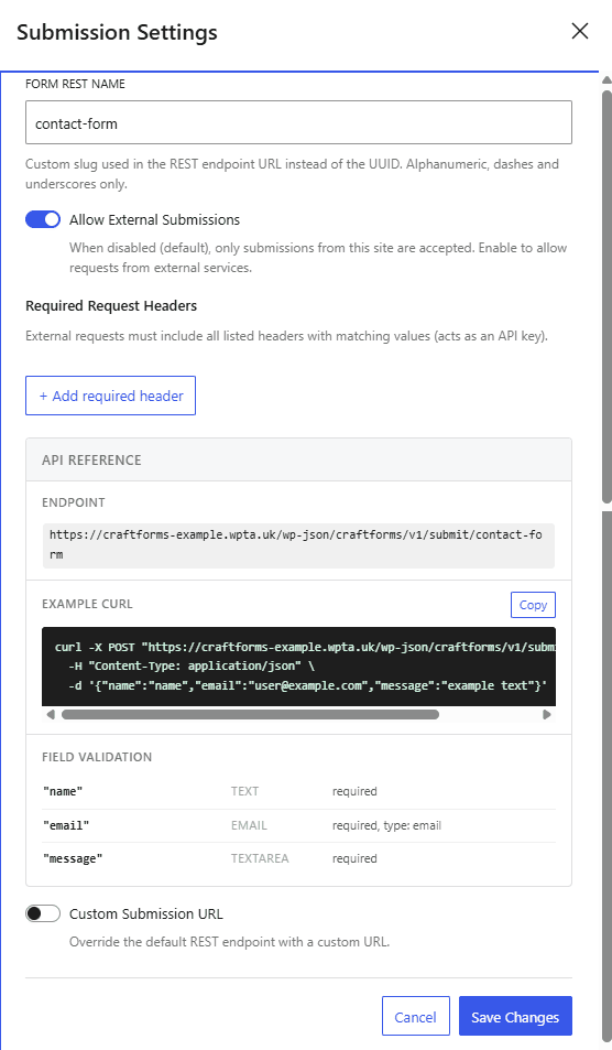 Native CraftForms and Simply Static craftform static embeded form submission settings