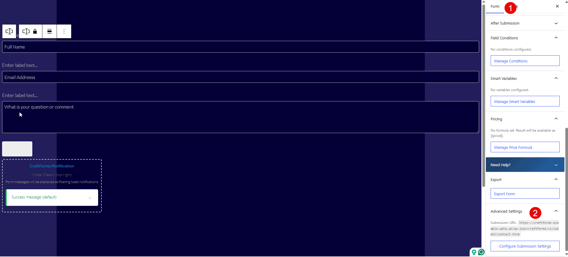 Native CraftForms and Simply Static craftform static embeded form
