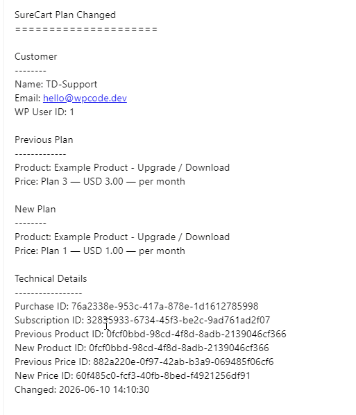 upgrade downgrade notification email