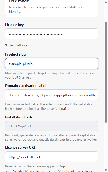Non-WordPress licensing with UUPD uupd server chrome settings filled