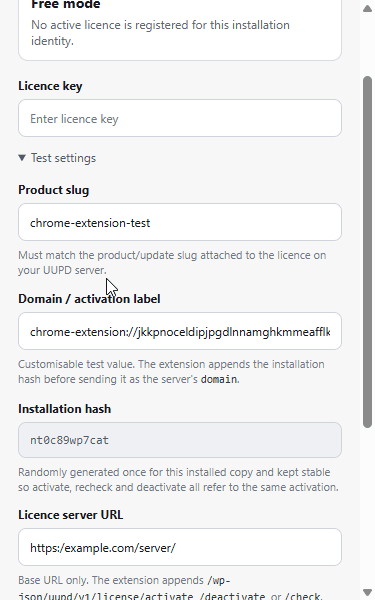 Non-WordPress licensing with UUPD uupd server chrome settings